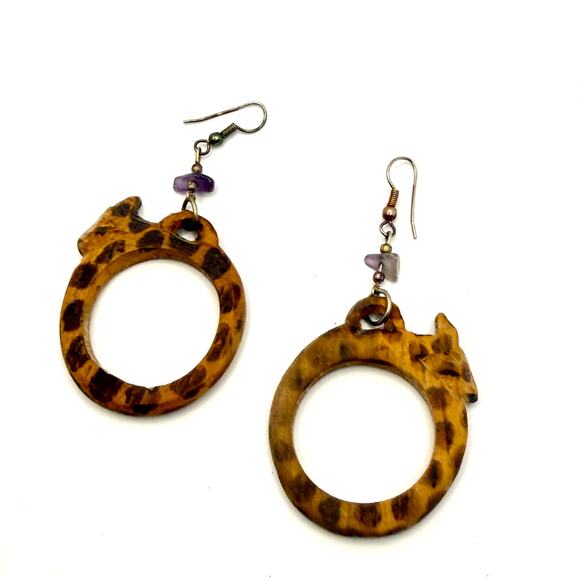 Handmade Jewelry - Vintage 80s Brown Carved Wood Giraffe Amethyst Hoop Earrings
